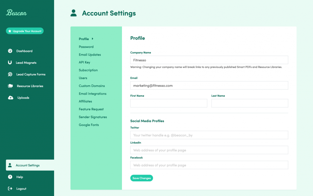 A screenshot of the new Beacon Account Settings page showing the new colour palette.