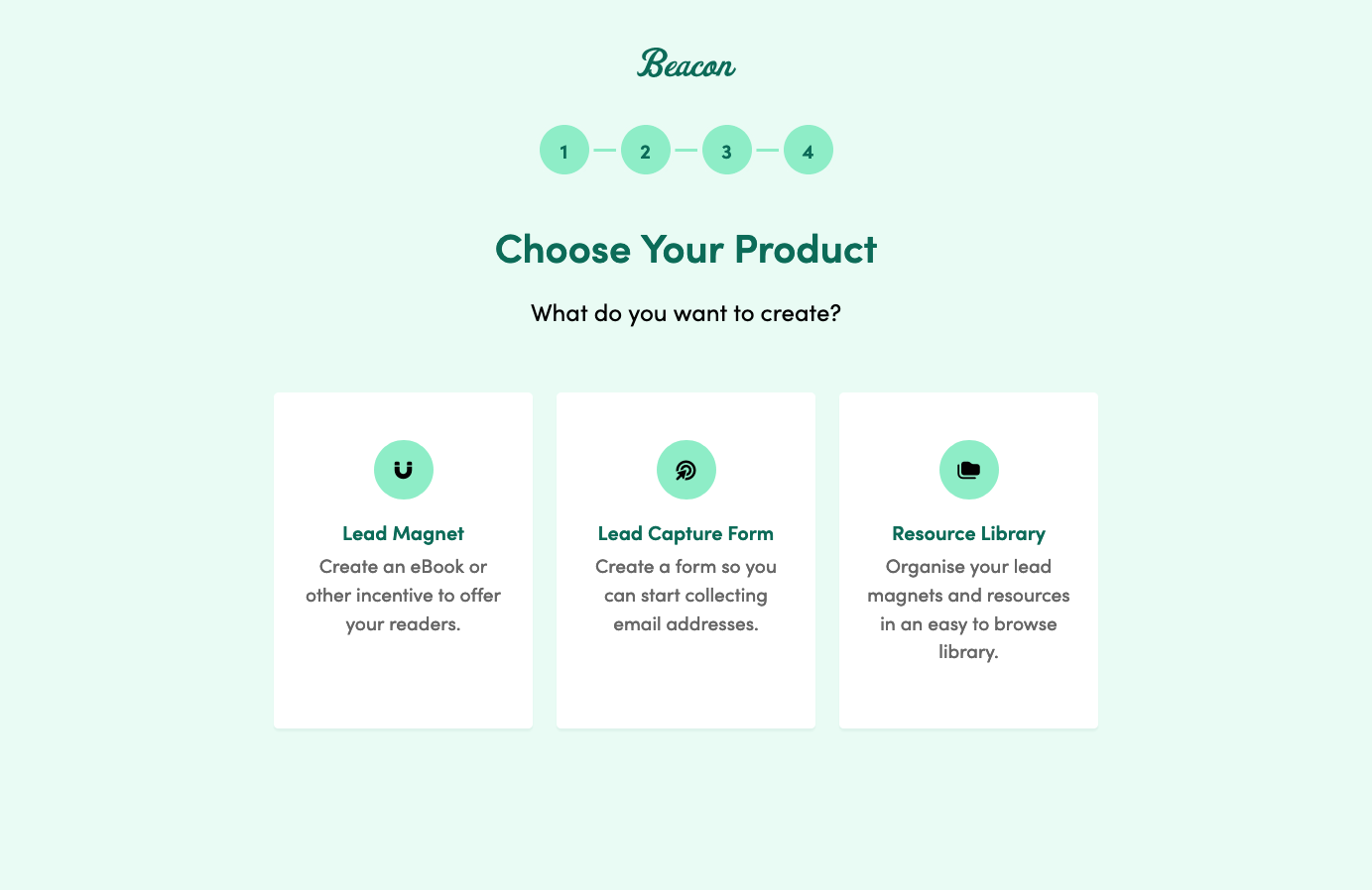 A screenshot of the Beacon onboarding process showing a choice between 3 products.
