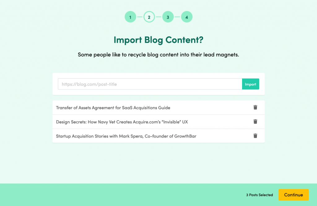 An example of the 'import blog post' screen without some user content added.