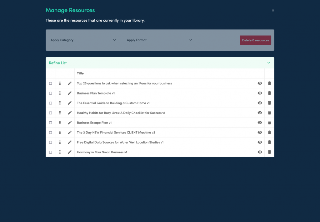 A screenshot of the Beacon Resoure Library 'manage resources' screen.