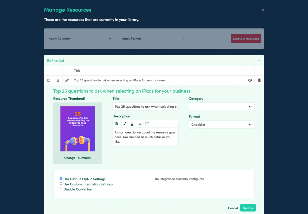 A screenshot of the Beacon Resoure Library 'manage resources' screen with an individual resource expanded.