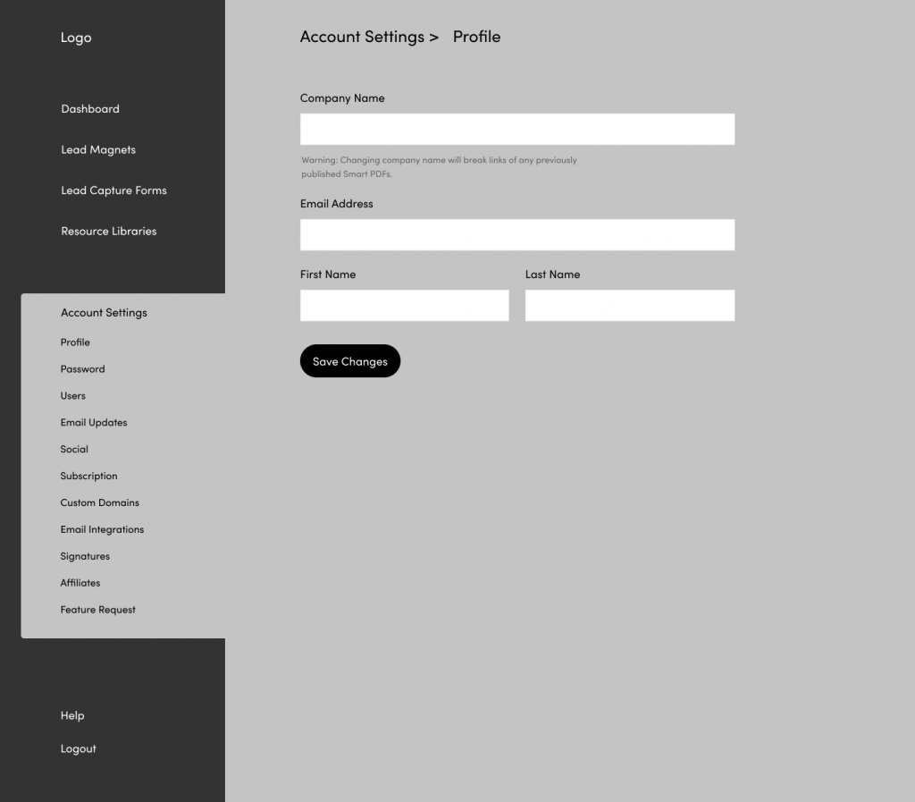 A wireframe diagram showing the account settings menu positioned in the sidebar.