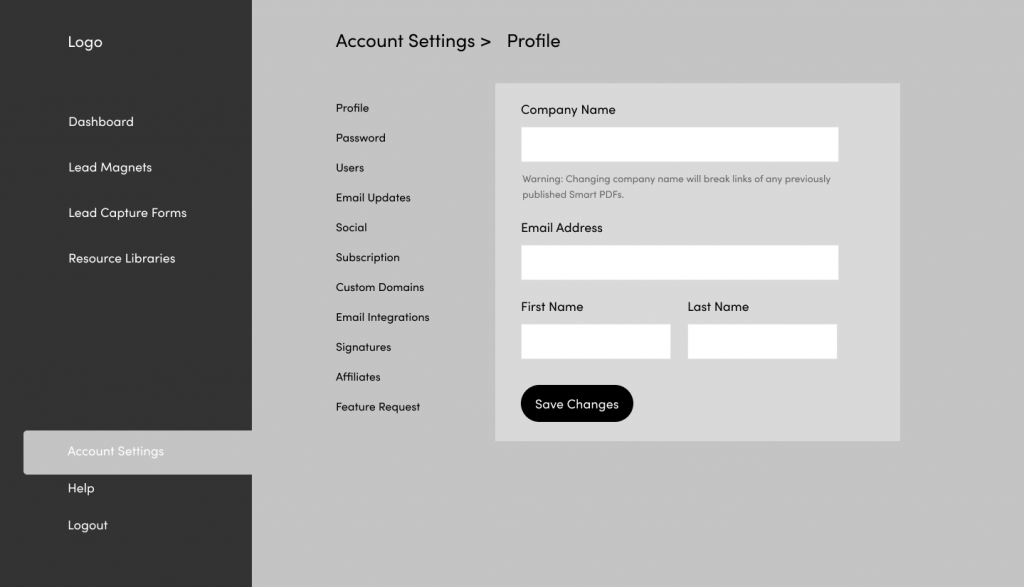 A wireframe diagram showing the account settings menu positioned outside of the sidebar in the main area of the page.